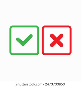 Iconos de marca de verificación para el Web. Símbolos X de marca de verificación sobre fondo aislado blanco. Marca de verificación Iniciar sesión de colores verde y rojo. Símbolos cuadrados Elementos. Sí, no Botones de Web. Ilustración vectorial