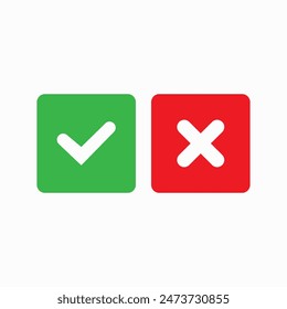 Check mark icons for web. Checkmark X symbols on white isolated background. Check mark signs in green and red colors. Square symbols elements. Yes no web buttons. Vector illustration