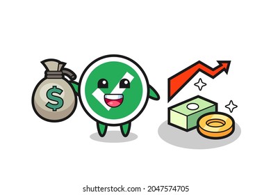 check mark illustration cartoon holding money sack , cute design