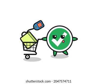check mark illustration cartoon with a shopping cart , cute design