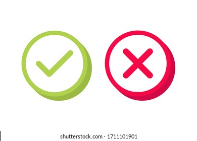 Check mark label. Green and red colors. Yes or no 3D buttons.Vector illustration.