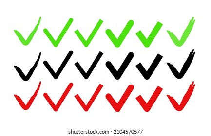 Check mark. Large set of green, black and red checkers isolated on white background. Vector clipart.