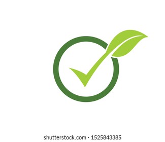 check mark with leaf inside circle vector logo design template, organic and natural sign