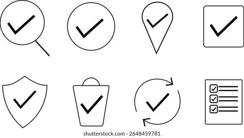 Linha de marca de verificação ícone editável vetor set.agreement, aprovar, símbolo de ícones de marca de verificação, Aprovação de estilo plano, ilustração de vetor,
