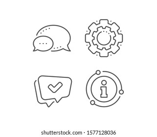 Check mark line icon. Chat bubble, info sign elements. Approved sign. Speech bubble chat symbol. Linear approved outline icon. Information bubble. Vector