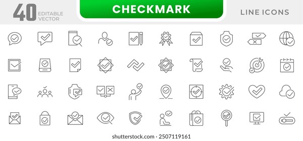 Check mark line icon collection. Approve, certified, quality, agreement, badge medal, checkmark, selection, accept, confirm, approved, and checklist icon set. UI outline icon pack