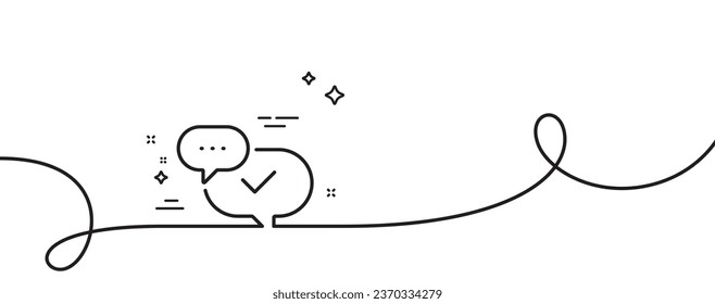 Check mark line icon. Continuous one line with curl. Approved sign. Speech bubble chat symbol. Approved single outline ribbon. Loop curve pattern. Vector