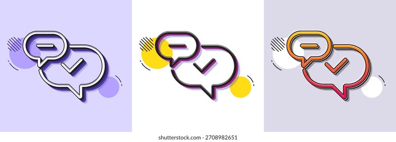 Icono de la línea de la marca de verificación. Patrón punteado de semitono. Icono de degradado con sombra de grano. Signo aprobado. Símbolo de chat de burbuja de voz. Icono de línea aprobada. Varios diseños. Vector