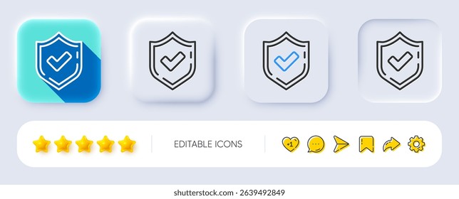 Check mark line icon. Neumorphic, Flat shadow, 3d buttons. Accepted or Approve sign. Tick shield symbol. Line confirmed icon. Social media icons. Vector