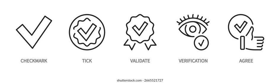Marque el conjunto de iconos de línea. Comprobar, corregir, validar, verificación, aceptar, hecho, punto de control, tick símbolo. Ilustración vectorial. Trazo editable. Diseño plano. Aislado en un fondo blanco.