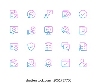 Check mark line icons. Approve concepts, tick pictograms. Set of modern outline symbols collection. Minimal thin line design. Trendy linear gradient style graphic elements. Vector line icons set