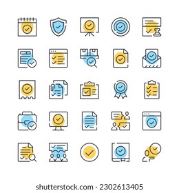 Check mark line icons. Set of check mark icons. Black, blue and yellow colors. Modern outline graphic design. Vector line icons set