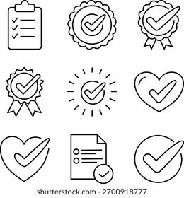Markierungslinien-Symbolsatz — Genehmigungszeichen, Validierungs-, Erfolgs- und Garantiesymbole