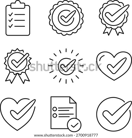 Check Mark Line Icons Set — Approval, Validation, Success, and Guarantee Symbols