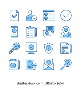 Check mark line icons. Simple vector symbols. Set of blue color filled outline icons