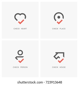 Check mark logo set. Heart, place pointer, person and house or home with tick or checkmark symbol - love, health, position, realty, employment and estate agency icons.