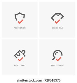 Check mark logo set. Shield, document or file, magnifier or loupe and puzzle piece with tick or checkmark symbol - protection and defense, agreement, search and jigsaw part icons.