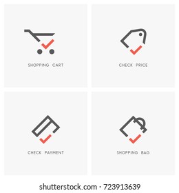 Check mark logo set. Shopping cart and bag, price tag or label and credit card with tick or checkmark symbol - store or shop, sale, money transfer and purchas icons.