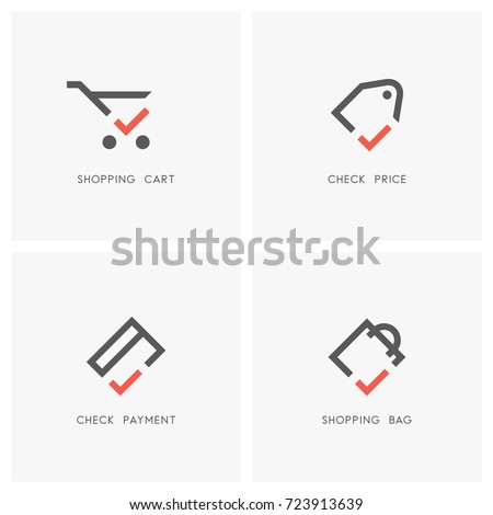 Check mark logo set. Shopping cart and bag, price tag or label and credit card with tick or checkmark symbol - store or shop, sale, money transfer and purchas icons.