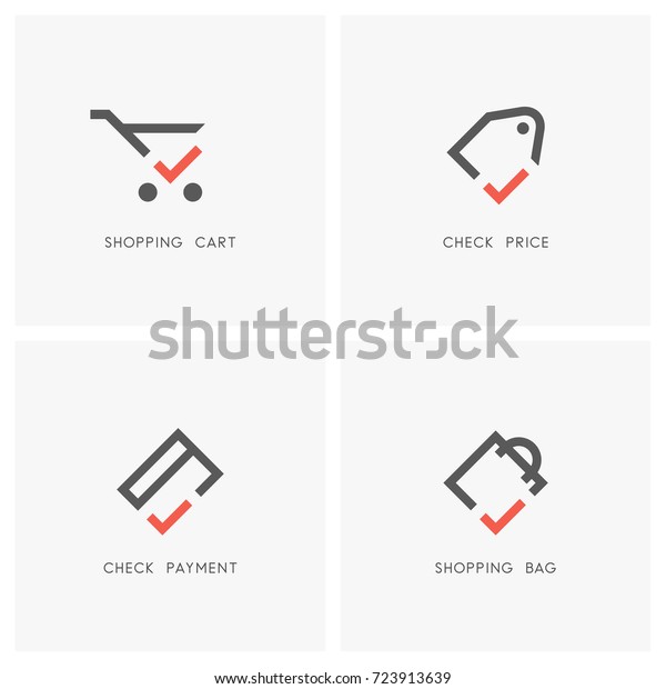 チェックマークのロゴセット ショッピングカート バッグ 価格タグ ラベル およびチェックマークの付いたクレジットカード 店舗 販売 送金 購入のアイコン のベクター画像素材 ロイヤリティフリー