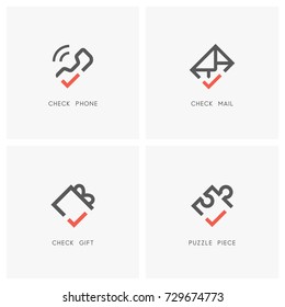 Markensatz überprüfen. Telefon- oder Telefonanruf, E-Mail oder Briefumschlag, Geschenk- oder Geschenkbox und Puzzleteil mit Häkchen- oder Markensymbol - Kontakte, Support, Büro- und Geschäftssymbole.