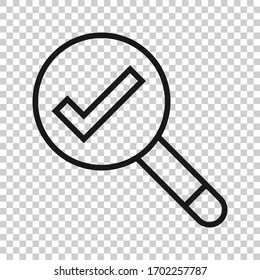 Check mark with magnifying glass icon in flat style. Loupe accept vector illustration on white isolated background. Search checklist business concept.