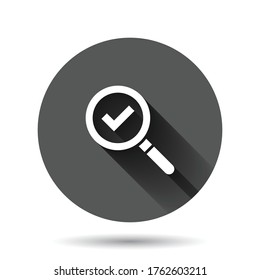 Check mark with magnifying glass icon in flat style. Loupe accept vector illustration on black round background with long shadow effect. Search checklist circle button business concept.