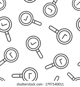 Check mark with magnifying glass icon in flat style. Loupe accept vector illustration on white isolated background. Search checklist seamless pattern business concept.