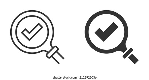 Check mark with magnifying glass icon in flat style. Loupe accept vector illustration on white isolated background. Search checklist business concept.