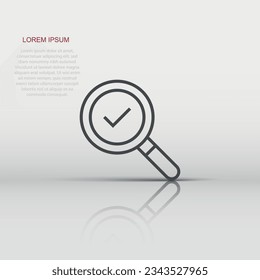 Check mark with magnifying glass icon in flat style. Loupe accept vector illustration on white isolated background. Search checklist business concept.