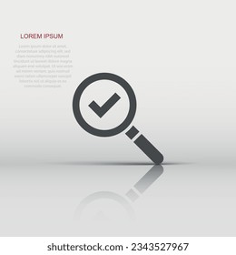 Check mark with magnifying glass icon in flat style. Loupe accept vector illustration on white isolated background. Search checklist business concept.