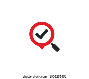 Check mark in a magnifying glass logo template. Magnifier and place mark vector design. Loupe and tick illustration