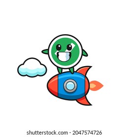 marca de verificación personaje de mascota montando un cohete, diseño lindo