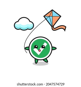 check mark mascot illustration is playing kite , cute design