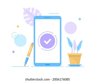 Check mark. Mobile phone with tick on screen. Vector illustration