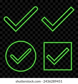 Check mark, neon green set of symbols, vector illustration.