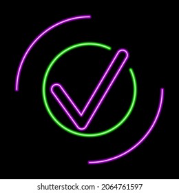 Check mark neon sign, modern glowing banner design, colorful trend of modern design on black background. Vector illustration.