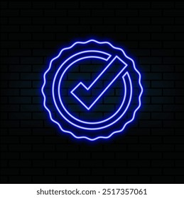 Check mark in neon style. Green tick check mark. Retro sign with glowing neon. Vector illustration.