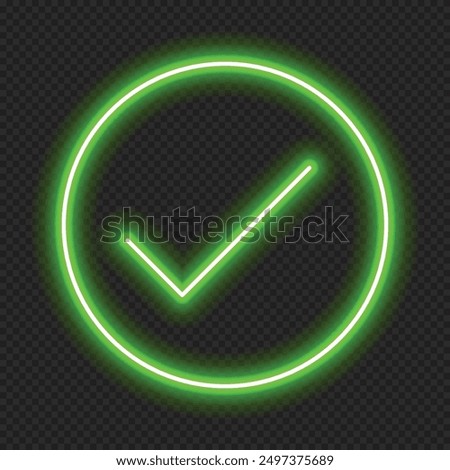 Check mark in neon style. Green tick check mark. Retro sign with glowing neon. Vector illustration