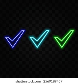 Check mark in neon style Purple tick check mark Retro sign with glowing neon Vector illustration.