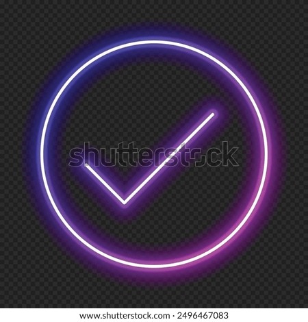Check mark in neon style. Purple tick check mark. Retro sign with glowing neon. Vector illustration