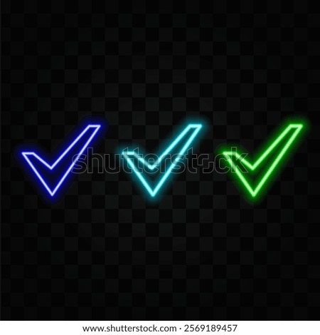 Check mark in neon style Purple tick check mark Retro sign with glowing neon Vector illustration.