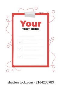 Check mark notepad in top view, Emergancy type red design. Sketchbook or diary. Vector illustration EPS10