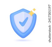 Check mark on 3D shield. Concept of protecting online user account security on website. 3D Vector Illustration.