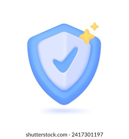 Check mark on 3D shield. Concept of protecting online user account security on website. 3D Vector Illustration.