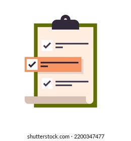 Marque la marca de la lista de verificación en la ilustración vectorial plana del concepto de planificación de la organización de negocios y de la survery.