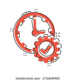 Check mark on clock icon in comic style. Gear with time cartoon vector illustration on white isolated background. Production splash effect business concept.