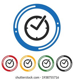 Check mark on clock icon set. flat design vector illustration in 5 colors options for webdesign