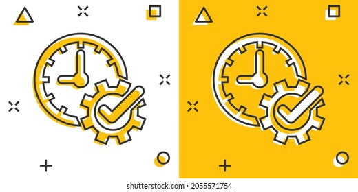 Check mark on clock icon in comic style. Gear with time cartoon vector illustration on white isolated background. Production splash effect business concept.