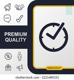 Check mark on clock icon graphic element. Modern design.